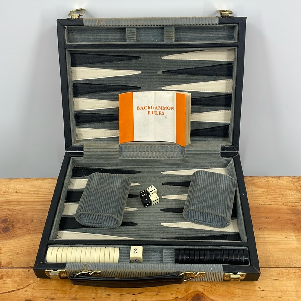 Vintage 60’s Backgammon Set Complete with Corduroy Case & instructions